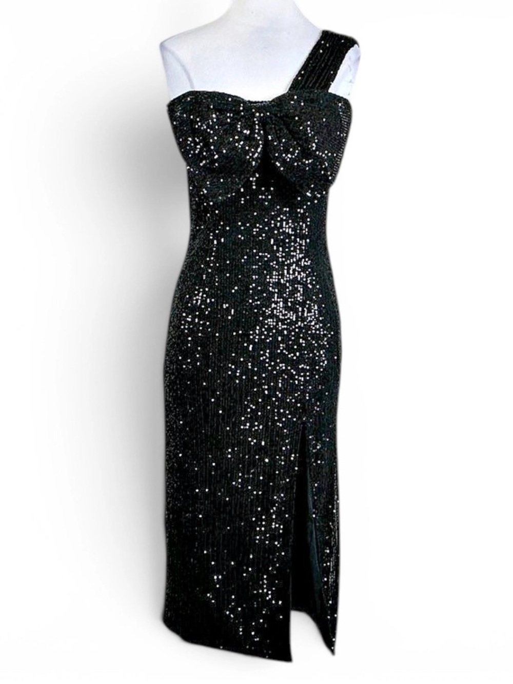 Mac Duggal Black One-Shoulder Sequin Bow Dress